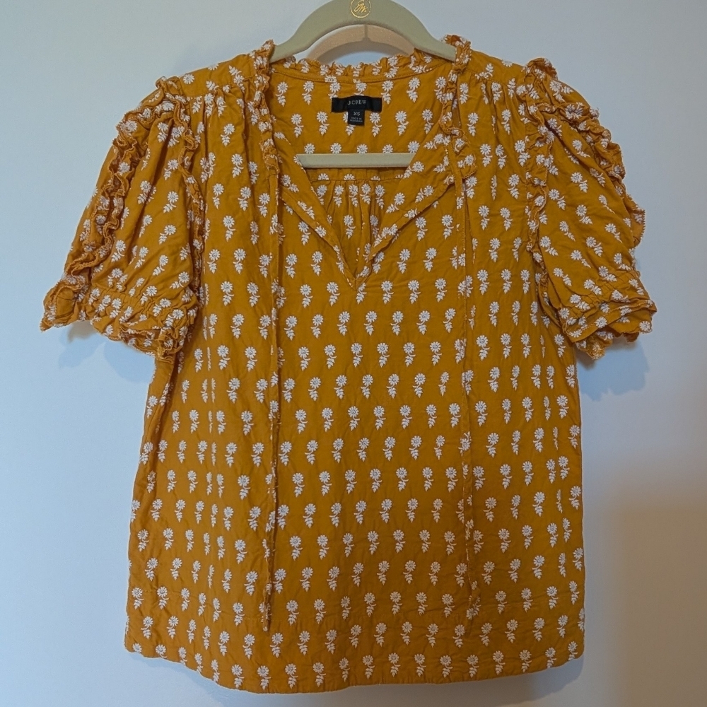 J.Crew Yellow Ruffle-sleeve cotton voile top in floating sunflowers Size XS